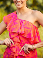 One shoulder Frill Top in Pink and Orange Print