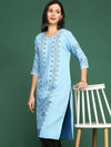 Women Blue Printed Straight Kurta-DF-1568-Blue