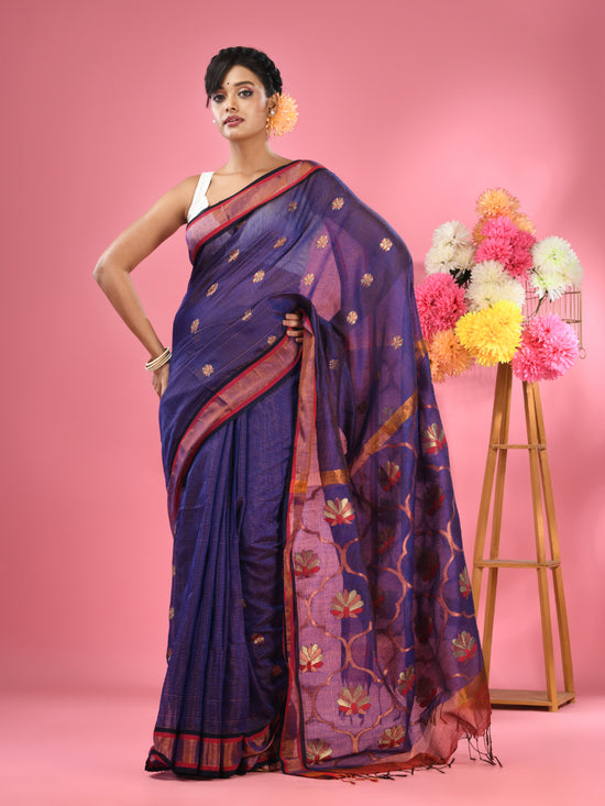 Blue Cotton Blend Handwoven Saree With Floral Motifs-MA51BCT431600003