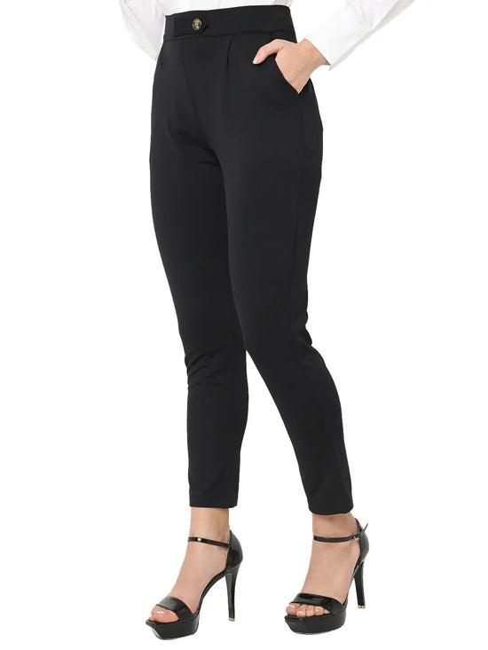 Smarty Pants Women's Cotton Lycra High Raise Waist Ankle Length Black Formal Trouser