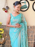 Saree Mall Women's Net Light Blue Embellished Designer Saree With Blouse Piece-KESARI6406