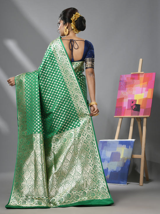 Green Katan Silk Banarasi Saree With Ethnic Motifs And Zari Woven Designs-MA52KA441380072