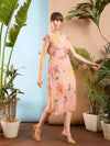 Women Peach Floral Back Cut Out Dress