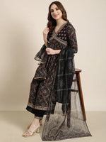 Women A-Line Navy Blue Ethnic Motifs Kurta and Trousers Set Comes With Dupatta-GW-4412-Navyblue