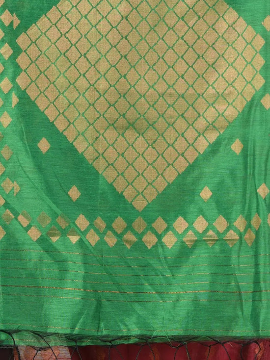 Green Cotton Saree With Geomatric Patterns-MA66BCT43830035