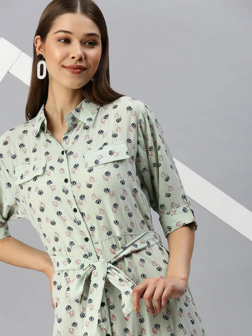 Women's Green Printed Shirt Dress-AE-444942-Green