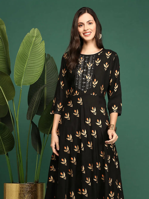 Women's Coffee Brown Printed A-Line Kurtas-HO-1344-Coffeebrown