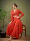 Women Red Crop Top With Tiered Sharara & Shrug