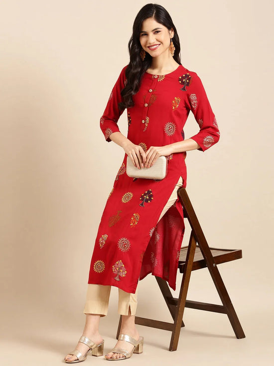 Women's Red Embroidered Straight Kurta-GW-2466-Red