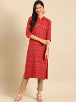 Women's Red Printed Straight Kurta-GW-500-2-Red