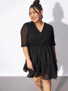 Women Black Dobby Frill Hem Skater Dress