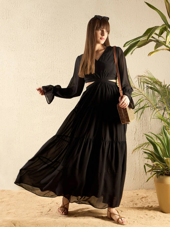 Women Black Waist Cut Out Maxi Dress