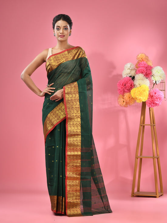 Dark Green Pure Cotton Tant Saree With Zari Border-MA51TT43490091