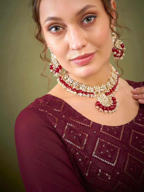 Women Maroon Embroidered Anarkali Maxi Kurta