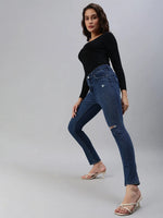 Women's Blue Solid Denim Slim Jeans-GZ-5144-Blue