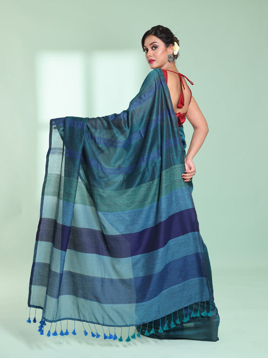 Teal Cotton Saree With Stripes Design-MA59CT06530006