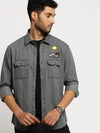 Men Grey Spread Collar Solid Oversized Shirt-SMILEDENIM-4916-Grey