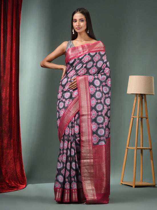 Charcoal Blended Silk Handwoven Ajrakh Print Saree-MA50BSL34830017