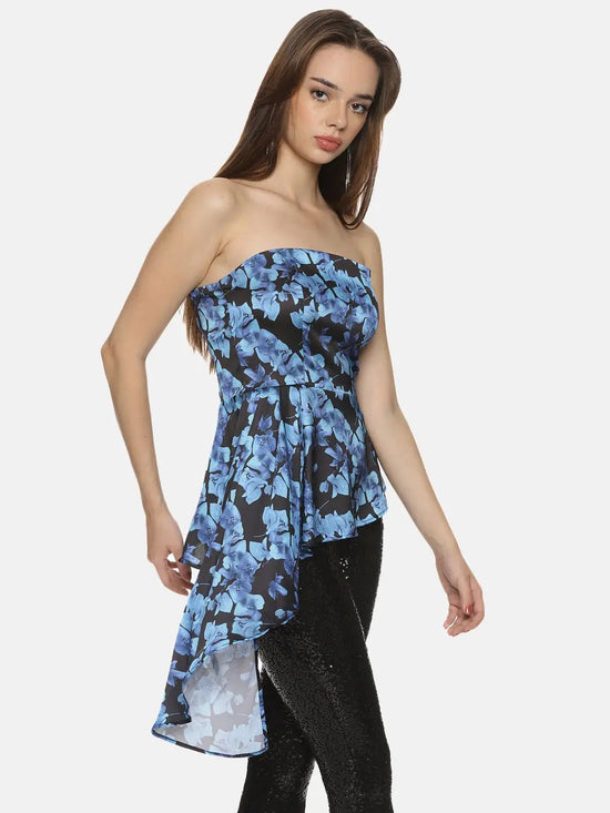 Floral Blue Flared Bandeau Top-17307