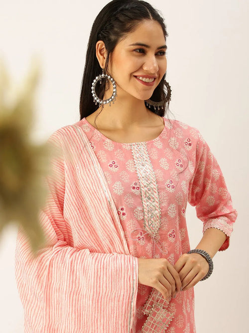 Women's Pink Printed Kurta Sets-JC-43-Pink