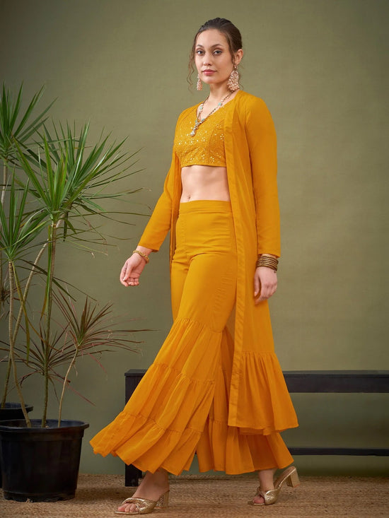 Women Mustard Crop Top With Tiered Sharara & Shrug