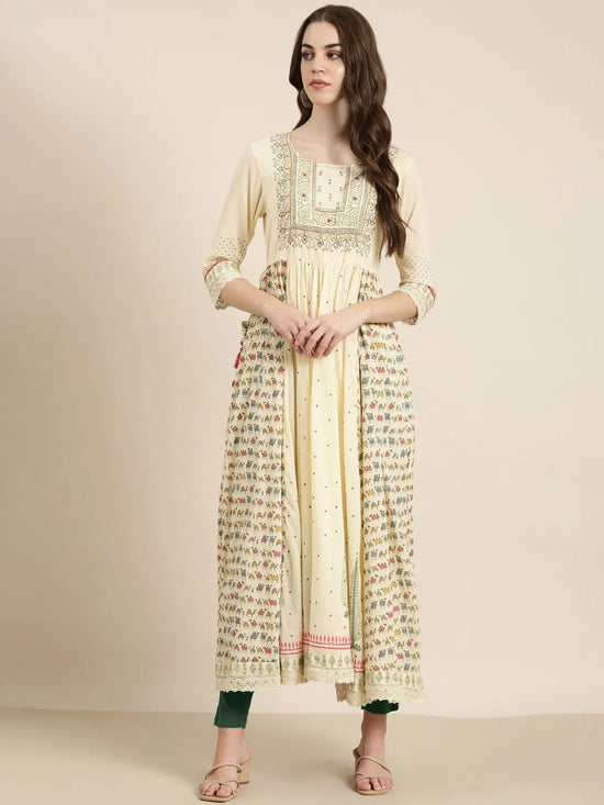 Women Cream Printed Anarkali Kurta-RF-2177-Cream