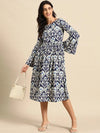 Midi Dress with bell sleeve in Blue Ikkat Print