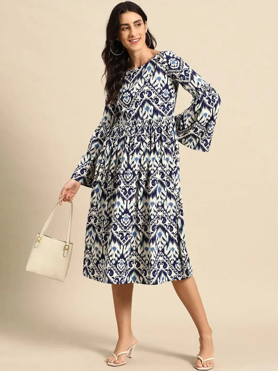 Midi Dress with bell sleeve in Blue Ikkat Print