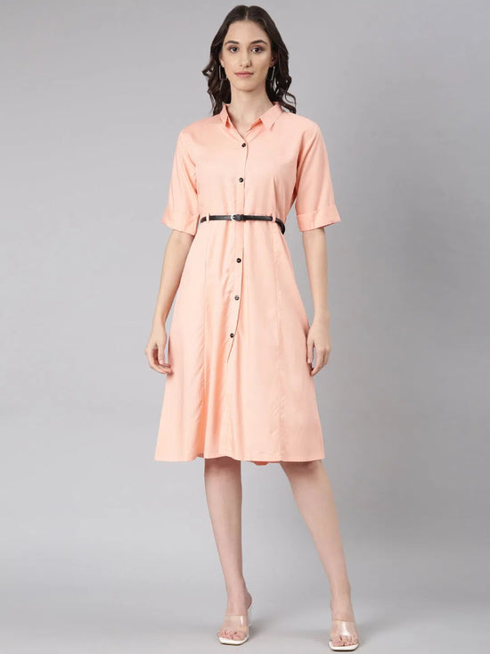 Women Peach Solid Shirt Dress-DF-1439-Peach