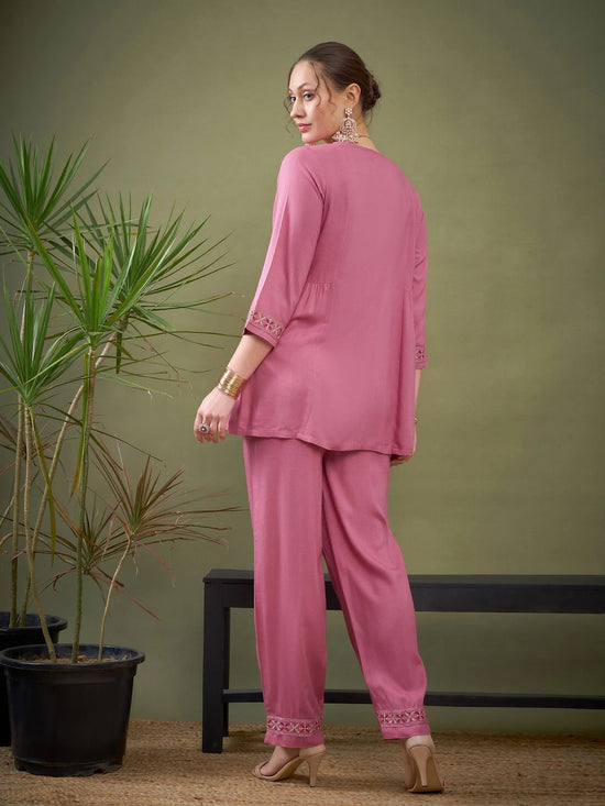 Women Pink Front Embroidered Shirt With Palazzos