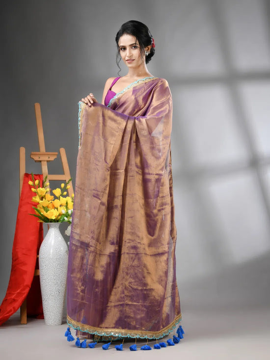 Copper Violet  Shimmer Tissue Saree With Gota Patti Borders-MA62TIS33990018