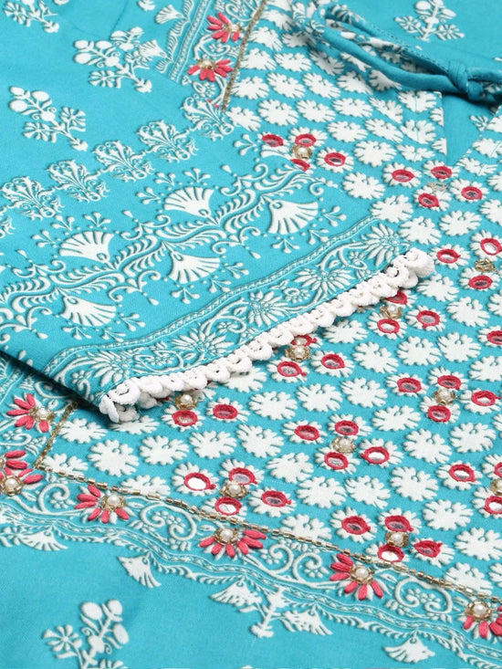 Women's Blue Printed Kurta Set-BCSK-1524-Turquoiseblue