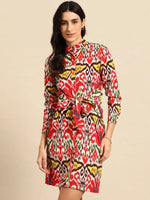 Front tie up shirt dress in Red and Cream Ikkat Print