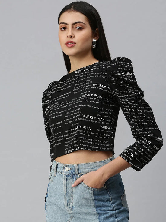 Women Black Printed Crop Fitted Top-AE-7034-Blackwhite