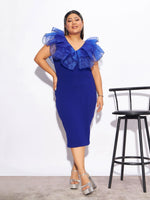 Women Royal Blue Organza Frill Detail Bodycon Dress