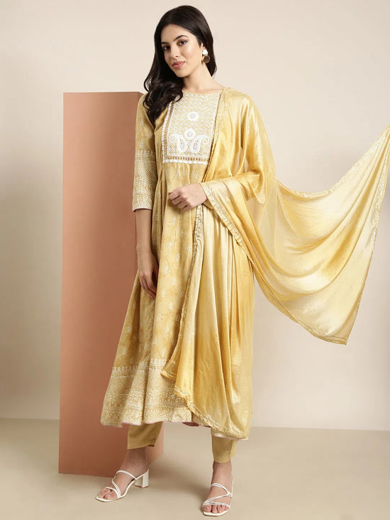 Women Anarkali Beige Floral Kurta and Trousers Set Comes With Dupatta-BC-SK-1757-Beige