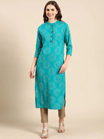 Women's Turquoise Blue Printed Straight Kurta-GW-3917-Turquoiseblue