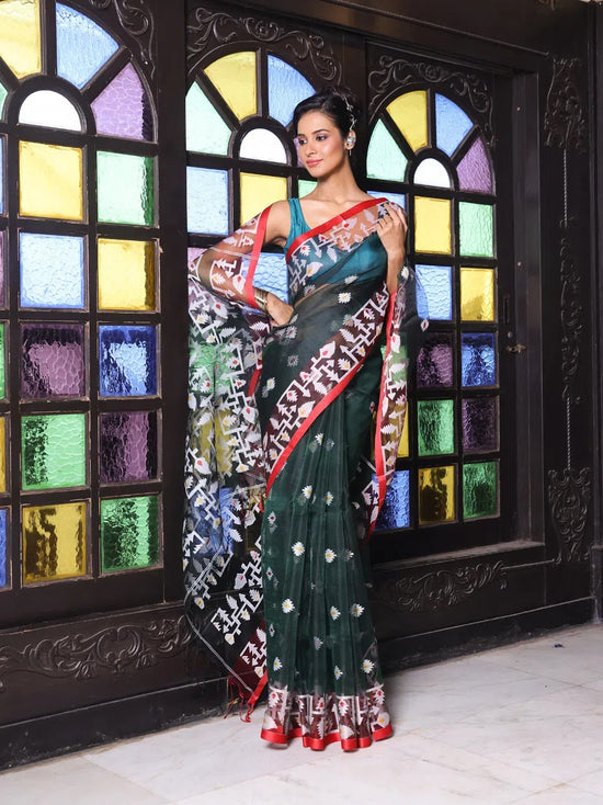 Emerald Green Muslin Saree With Jamdani Designs-MA64MS401190014