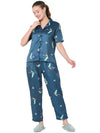 Smarty Pants Women's Silk Satin Teal Blue Jasmine Print Night Suit