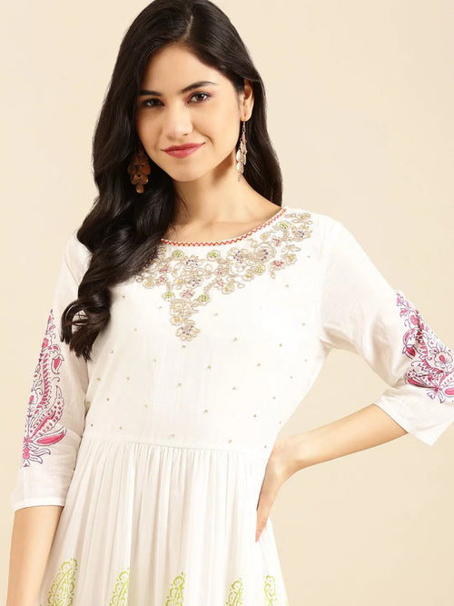 Women's White Embroidered Anarkali Kurta-DW-1040-White