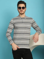 Venitian Men Striped Polo Neck Full Sleeves Ecru T-Shirt With Pocket