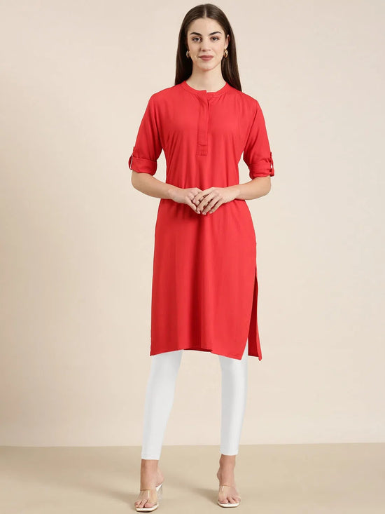 Women Red Solid Straight Kurta-DF-1356-Red