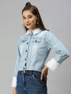 Women's Blue Solid Denim Jacket Jackets-AE-999154-Blue