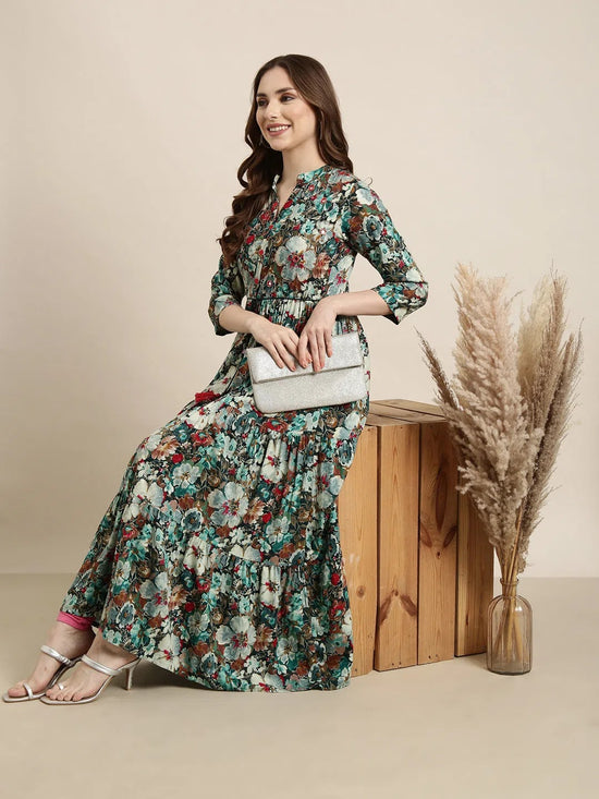 Women Anarkali Teal Floral Kurta-AT-A1420-LG-Teal