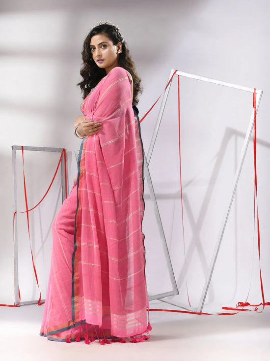 Pink Cotton Patli-Pallu Saree With Stripe Designs-MA55CT06540036