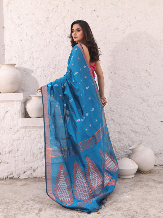 Sky Blue Cotton Saree With Woven Designs And Zari Border-MA54BCT041380041