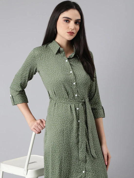 Women Olive Polka Dots Shirt Dress-AE-15992-Olive