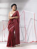 Dark Red Cotton Saree With Check Designs-MA55CT06520136