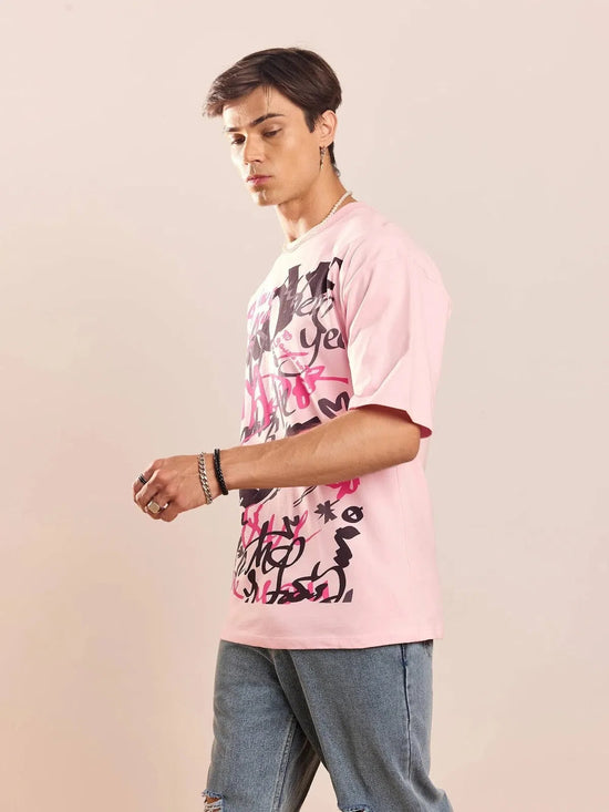 Men Pastel Pink Abstract Print Oversized T-shirt