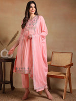 Ahika Women Pink Rayon Embroidered A-Line Kurta Pant Set